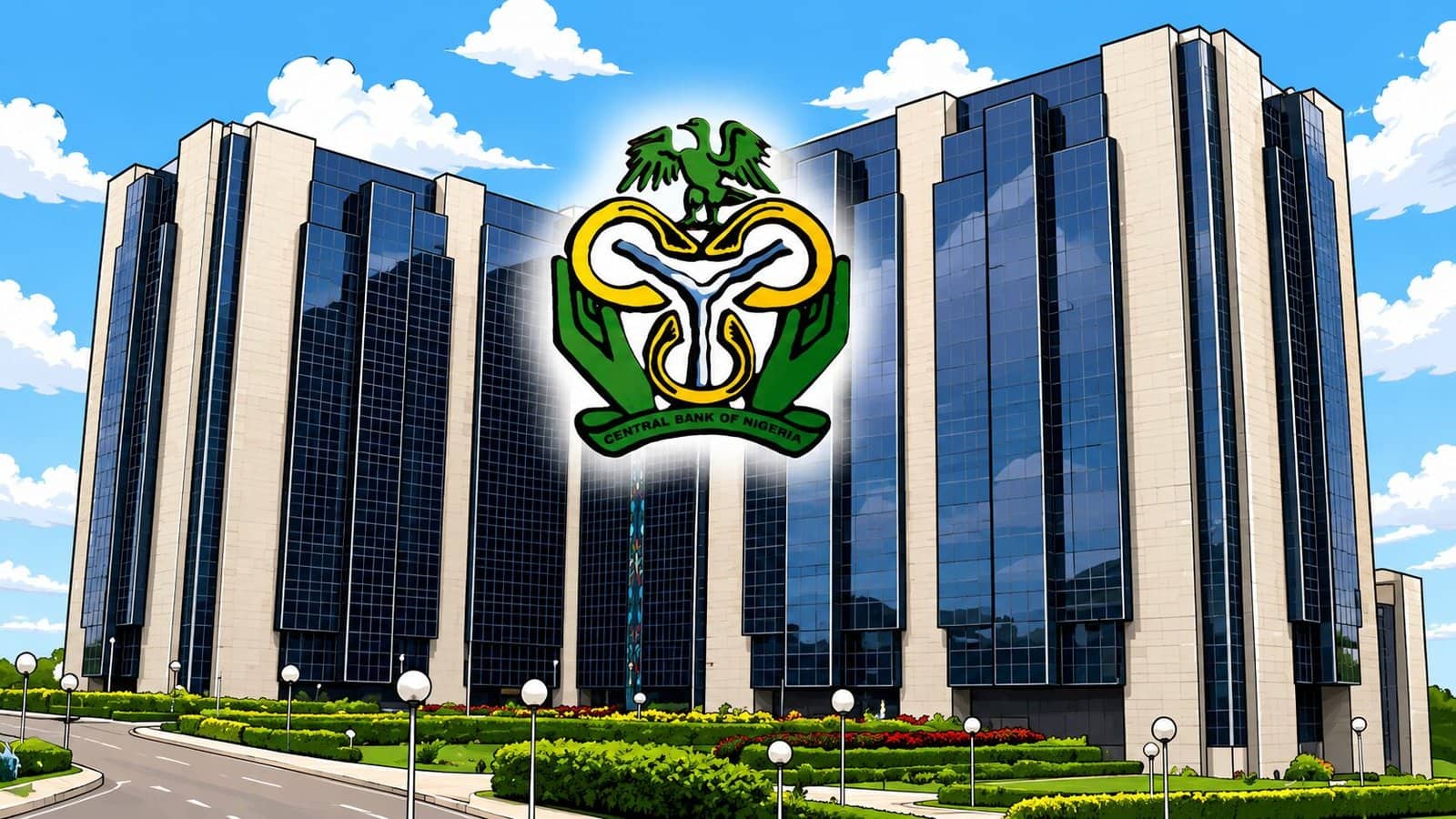 Caricature image of Central Bank of Nigeria exterior as the CBN rate is cut to 23%