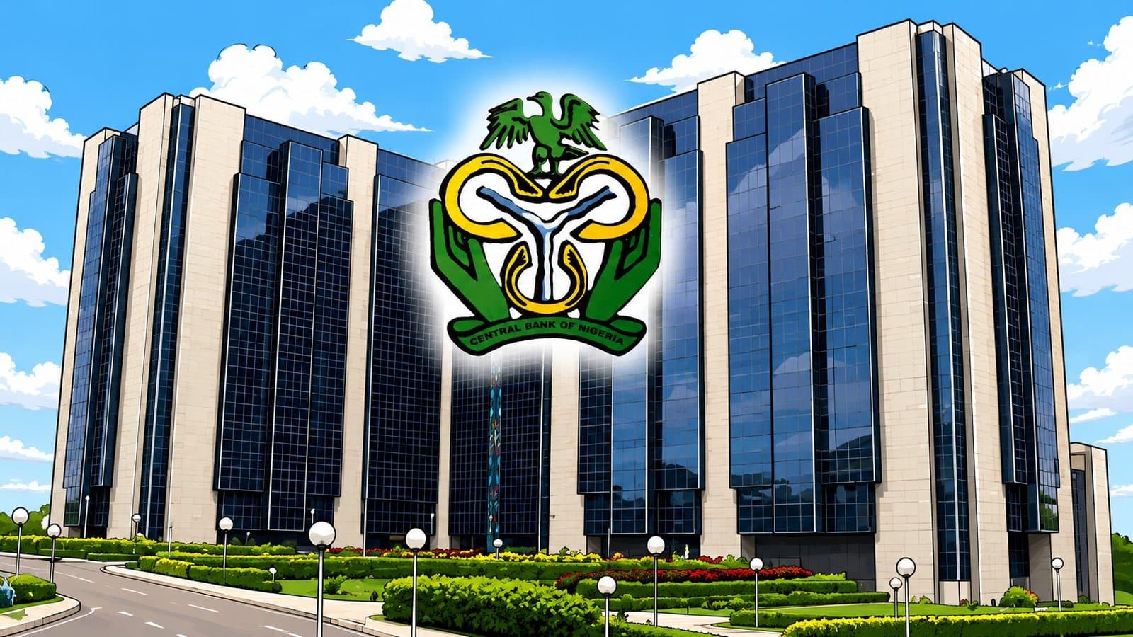 Caricature image of Central Bank of Nigeria exterior as the CBN rate is cut to 23%